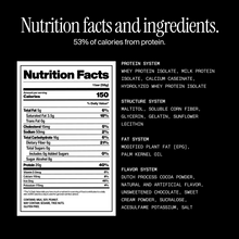 Nutrition facts and ingredients. 53% of calories from protein. with nutritional information on a black background
